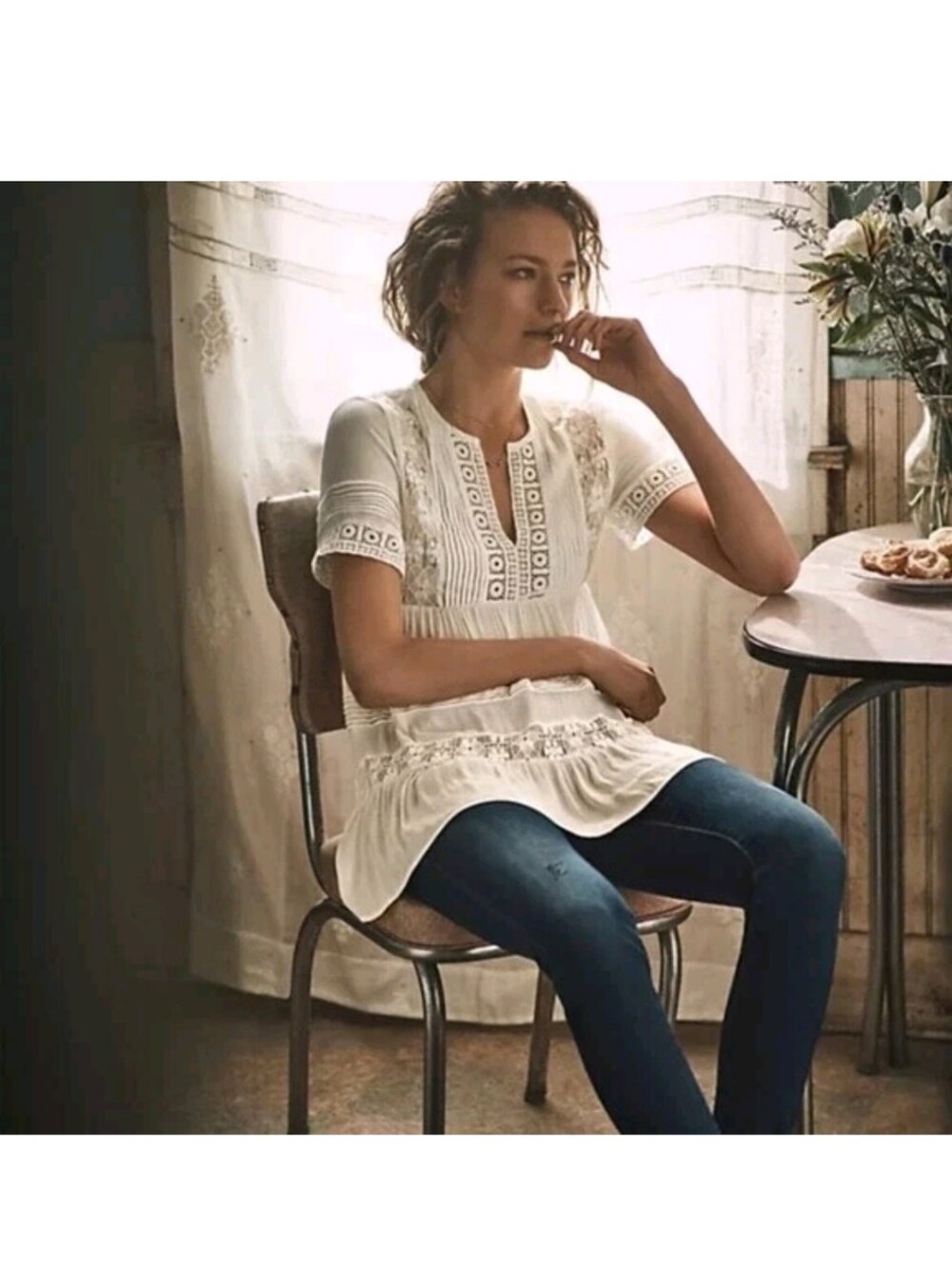 Anthropologie Maeve White Tiered Lace Tunic S boho